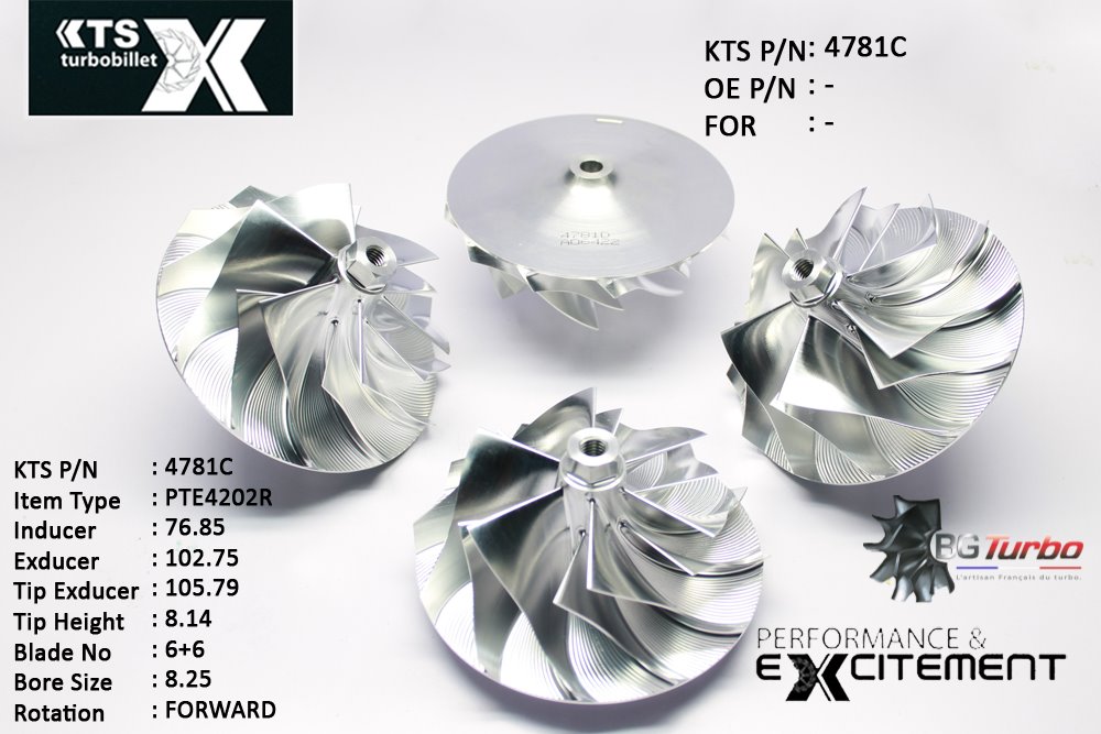 Turbo ROUE FORGÉE MFS PERFORMANCE - 6+6 PALES - INDUCER : 76,85 - EXDUCER : 102,75 - TYPE : PTE4202RANGLE : 55° - ROTATION : Forward - SUPER BACK : 9,51 - BORE SIZE : 8,25
